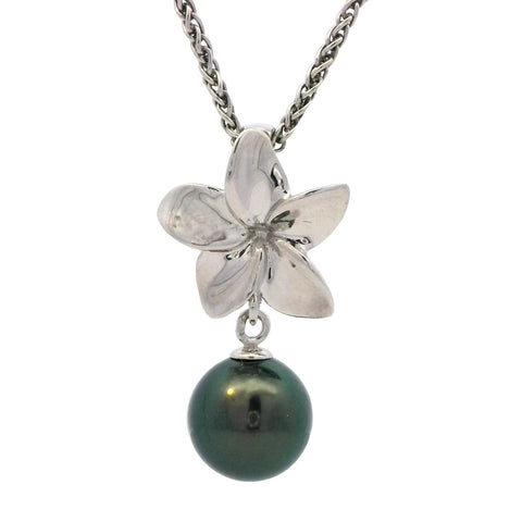 Plumeria Pendant with Tahitian Pearl in Sterling Silver