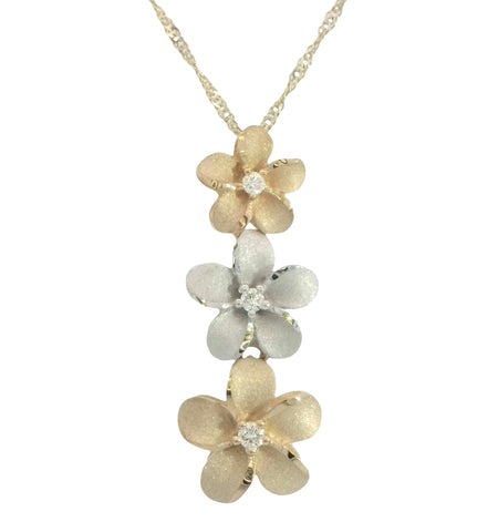 Triple Plumeria Pendant in Two Tone Gold