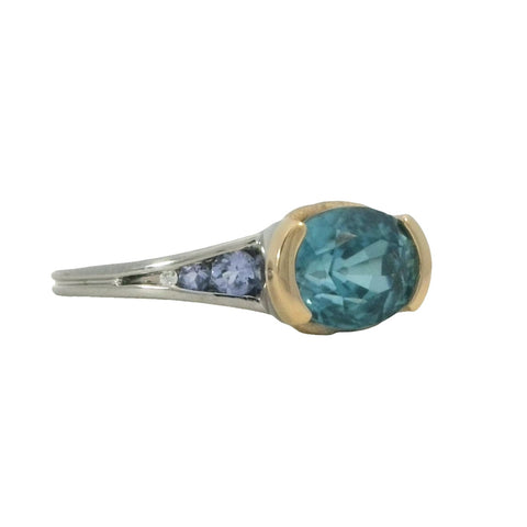 Blue Zircon Ring with Tanzanites
