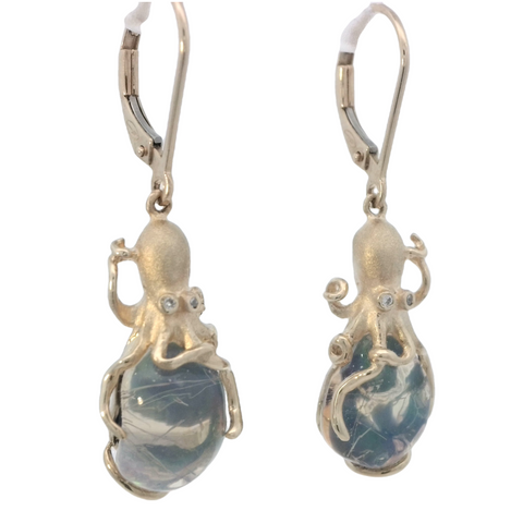 Octopus Earrings in Yellow Gold with Opal