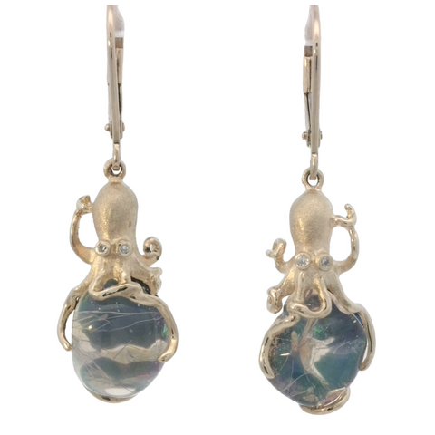 Octopus Earrings in Yellow Gold with Opal