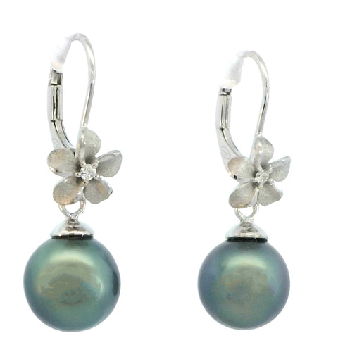 Plumeria Drop Earrings in White Gold with Tahitian Pearls