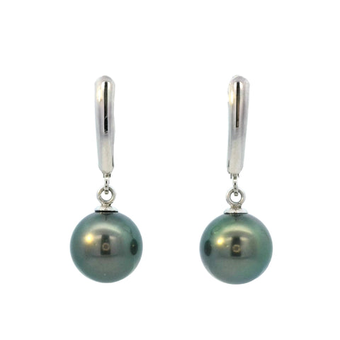 Tahitian Pearl Leverback Dangle Earrings in White Gold