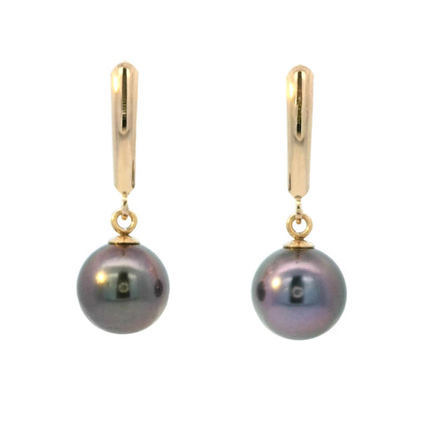 Tahitian Pearl Leverback Dangle Earrings in Yellow Gold