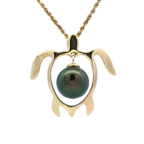 Honu Pendant with Dangling Tahitian Pearl in Yellow Gold