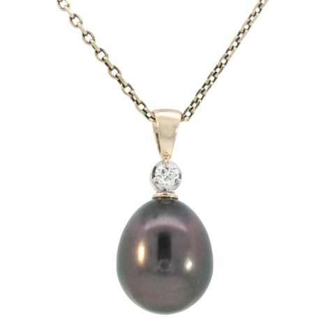 Simple Tahitian Pearl and Diamond Pendant in Yellow Gold