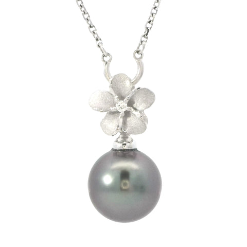 White Gold Plumeria Pendant with Tahitian Pearl