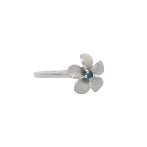 Plumeria Ring in White Gold with Blue Diamond