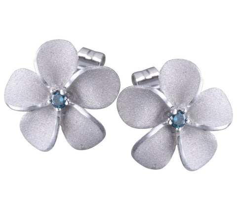 11mm Plumeria Stud Earrings with Blue Diamonds