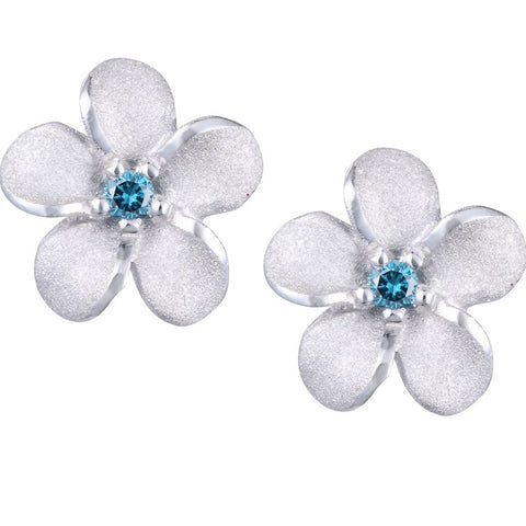 8mm Plumeria Stud Earring  in White Gold with Blue Diamonds