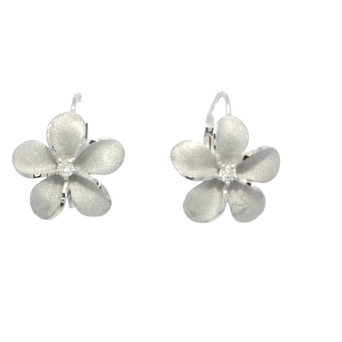 13mm Plumeria Leverback Earrings in White Gold