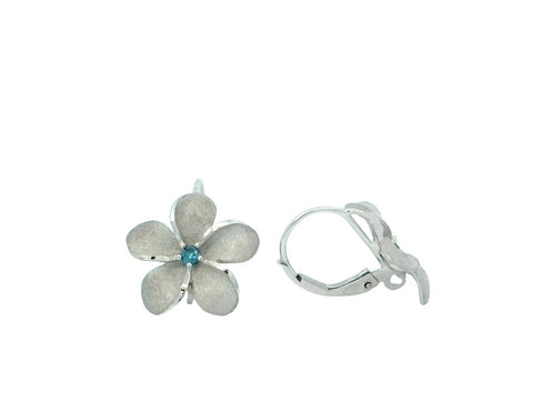 13mm Plumeria Leverback Earrings in White Gold with Blue Diamonds