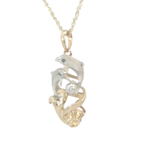 Two Dolphins Pendant in Two Tone Gold