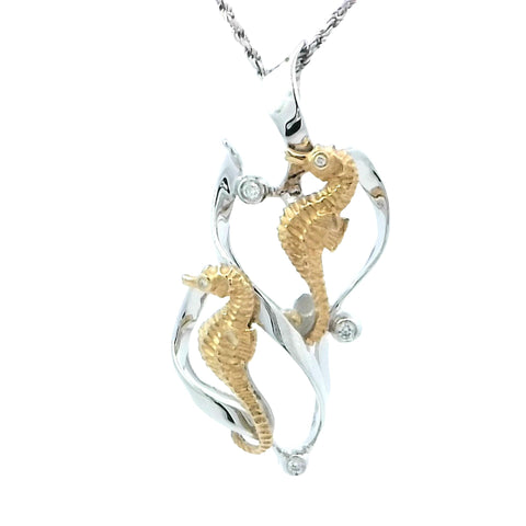 Double Sea Horse Pendant in Two Tone Gold