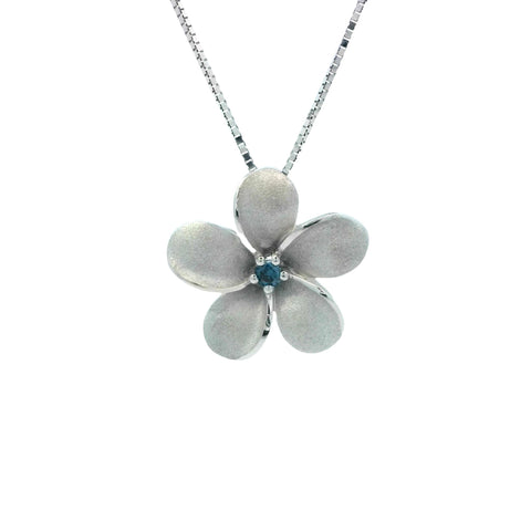 15mm Plumeria Slide Pendant in White Gold with Blue Diamond