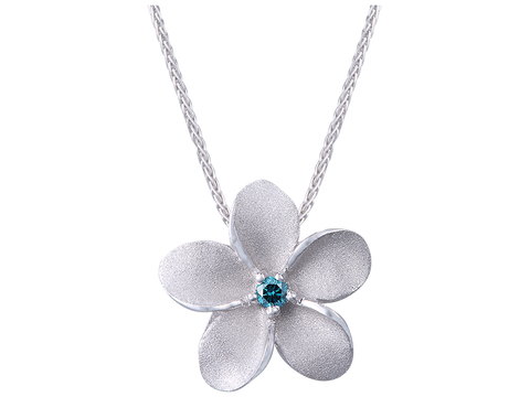 13mm Plumeria Slide Pendant in White Gold with Blue Diamond