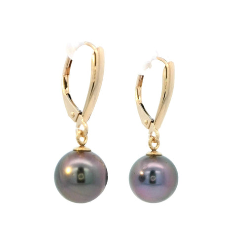 Tahitian Pearl Leverback Dangle Earrings in Yellow Gold