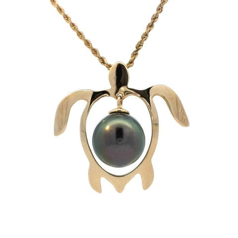 Honu Pendant with Dangling Tahitian Pearl in Yellow Gold