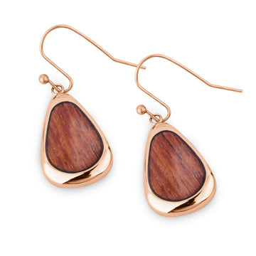 Hawaiian Koa Wood Drop Earrings in Rose Gold Finish