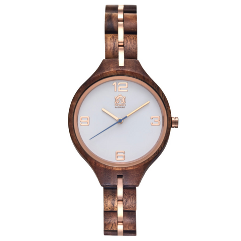 Women's Koa Wood Round Watch - White Face