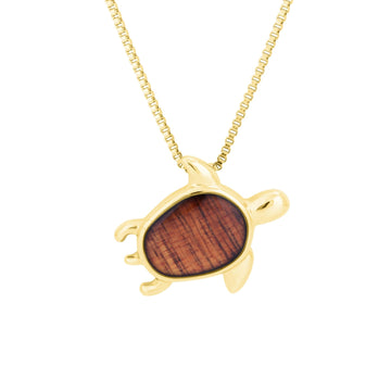 Hawaiian Koa Wood Honu Necklace in Yellow Gold Finish