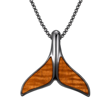 Hawaiian Koa Wood Whale Tail Pendant in Gunmetal