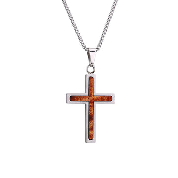 Hawaiian Koa Wood Cross Necklace in Stainless Steel