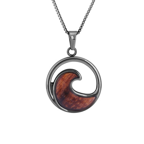 Hawaiian Koa Wood Wave Necklace in Gunmetal Finish