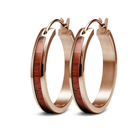 Hawaiian Koa Wood Hoop Earrings in Rose Gold Finish