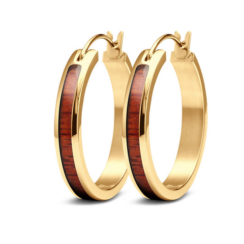 Hawaiian Koa Wood Hoop Earrings with Yellow Gold Finish