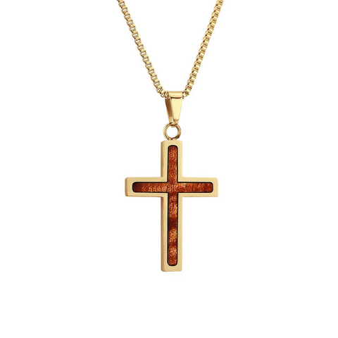 Hawaiian Koa Wood Cross in Yellow Gold Finish