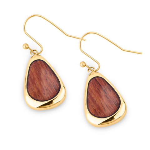 Hawaiian Koa Wood Drop Earrings in Yellow Gold Finish