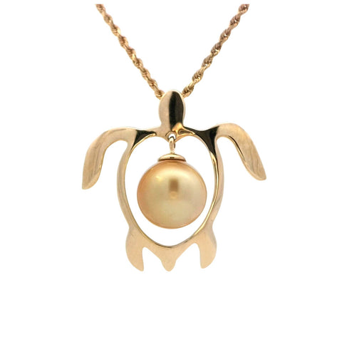 Honu Pendant with Dangling Golden South Sea Pearl in Yellow Gold