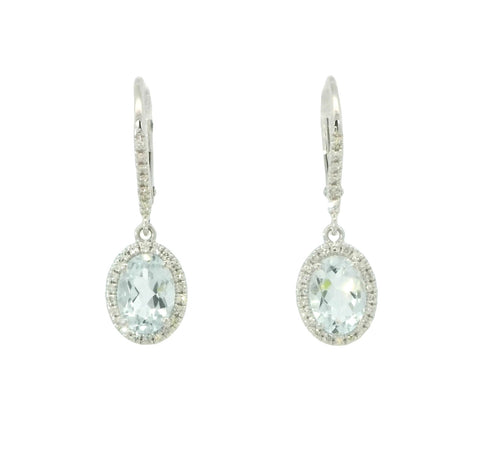 Oval Aquamarine and Diamonds Leverback Earrings in White Gold