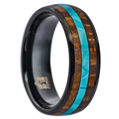 Black Tungsten, Koa Wood and Mother of Pearl Ring