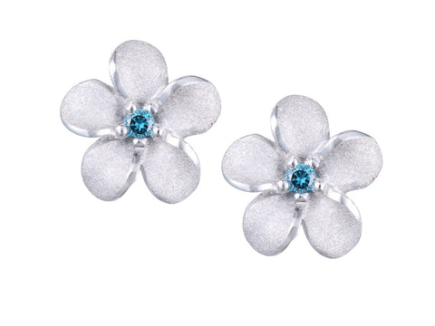Plumeria Stud Earring with Blue Diamonds in White Gold