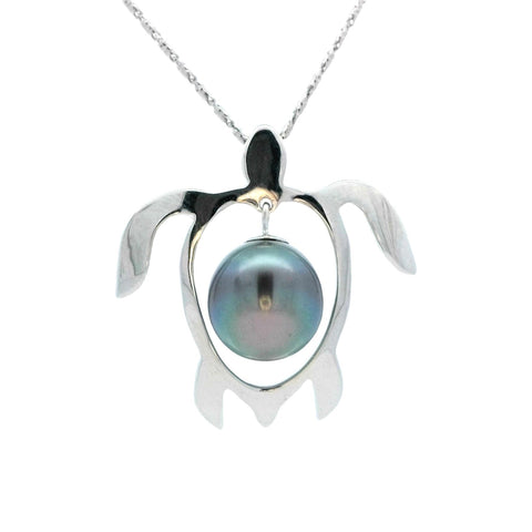 Honu Pendant with Dangling Tahitian Pearl in White Gold