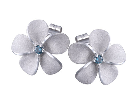 Plumeria Stud Earrings with Blue Diamonds