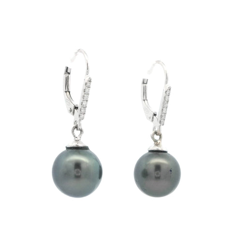 Tahitian Pearl Drop Earrings with Diamonds