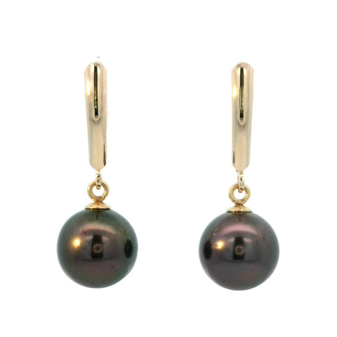 Tahitian Pearl Leverback Dangle Earrings in Yellow Gold