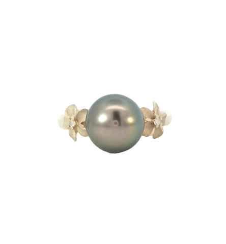 Tahitian Pearl Ring with Plumerias in Yellow Gold