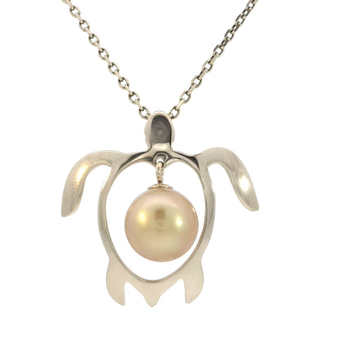 Honu Pendant with Golden South Sea Pearl in Yellow Gold