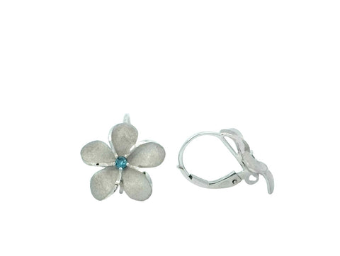 Plumeria Leverback Earrings in White Gold with Blue Diamonds