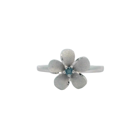 Plumeria Ring in White Gold with Blue Diamond