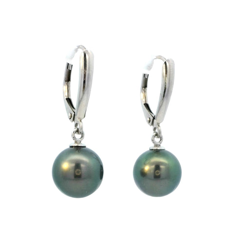 Tahitian Pearl Leverback Dangle Earrings in White Gold