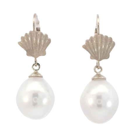 White Freshwater Pearl Earrings with Golden Shells