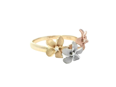Three Plumeria Ring in Tri Tone Gold