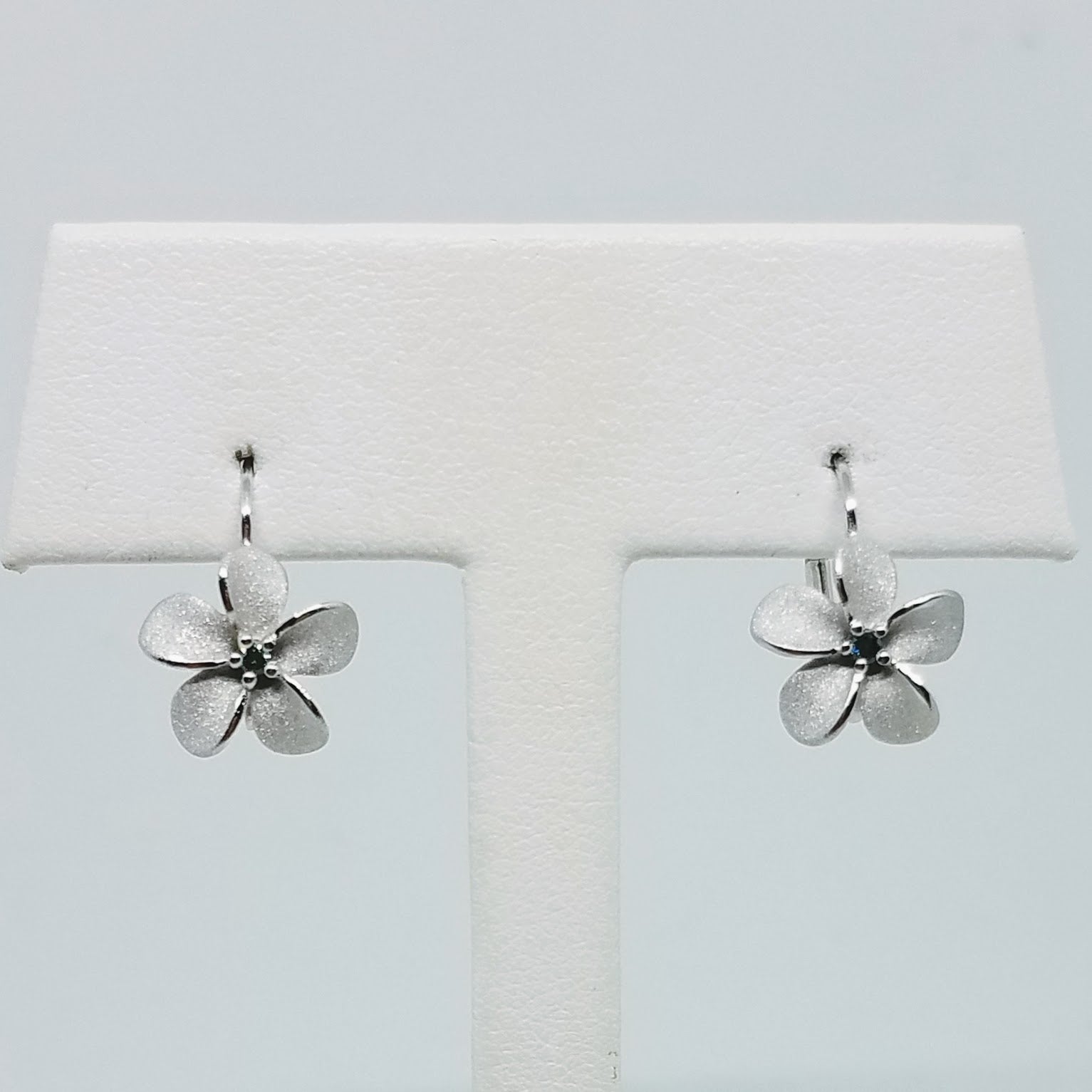 11mm White Gold Plumeria Leverback Earrings with Blue Diamonds