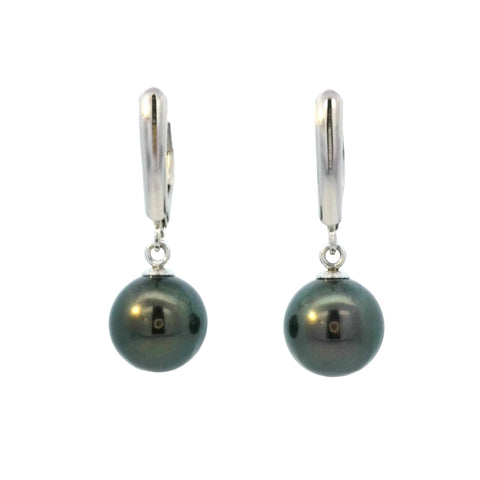 Tahitian Pearl Leverback Dangle Earrings in White Gold