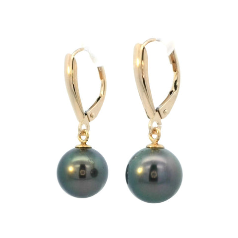 Tahitian Pearl Leverback Dangle Earrings in Yellow Gold